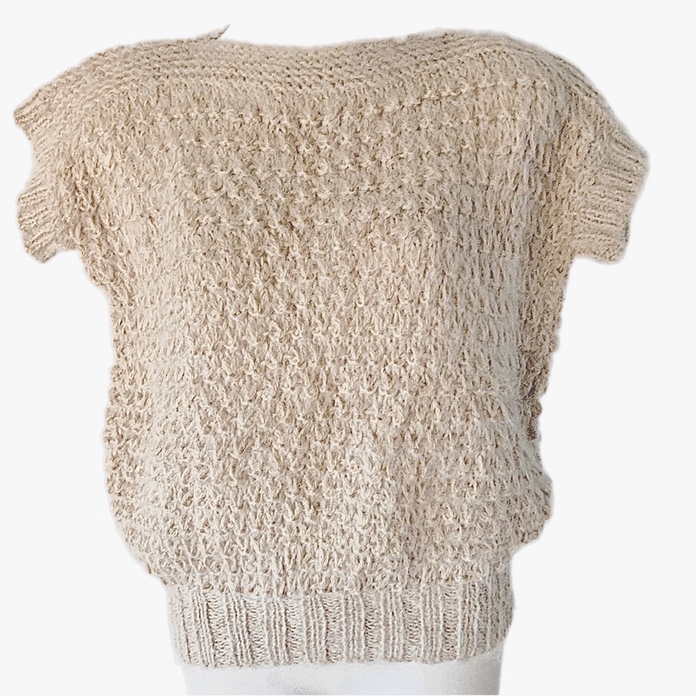 HANDMADE knitted top Beige cap sleeves waffle stitch - Picture 3 of 10